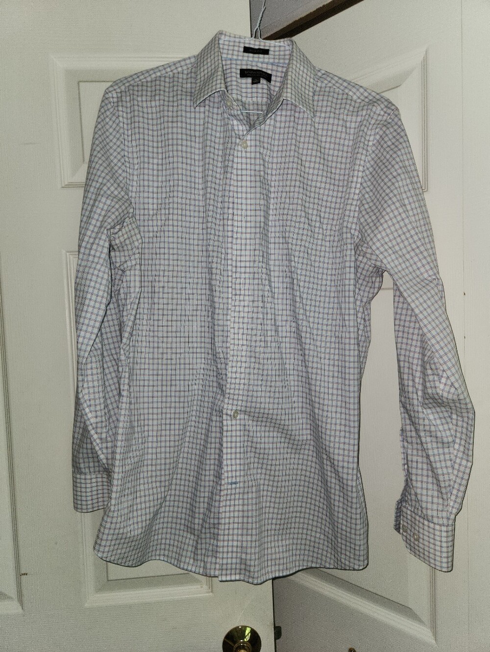 Banana Republic White Dress Shirt with Blue and Gray Windowpane